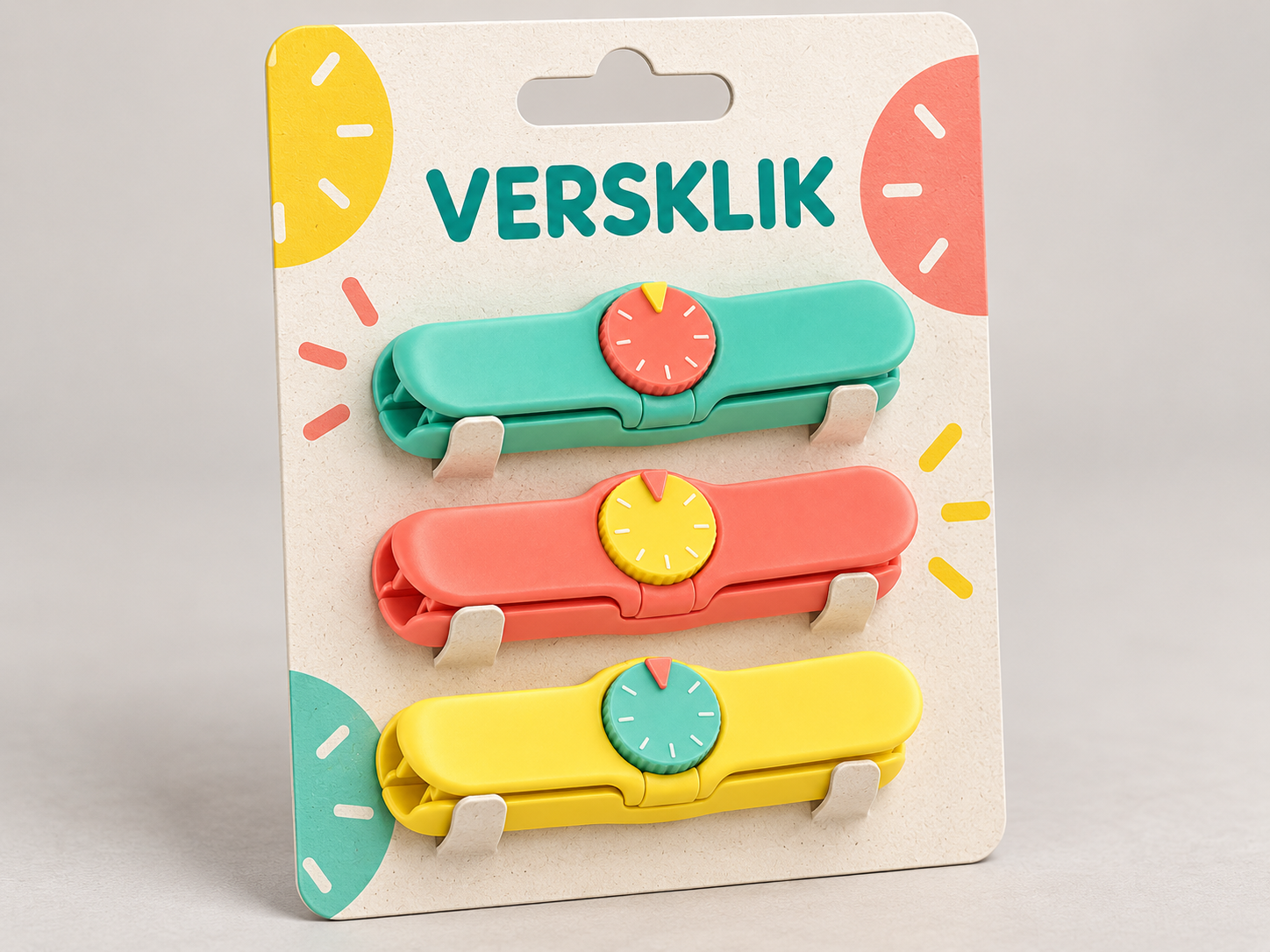 Conceptverpakking met drie VERSKLIK-clips in verschillende kleuren.